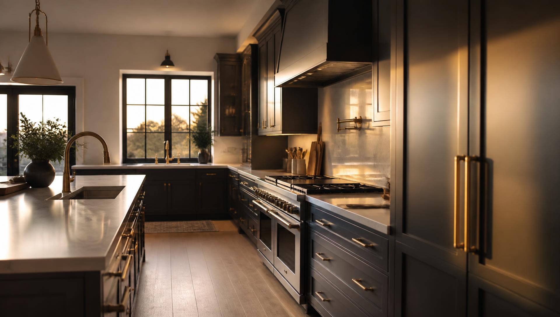 Finished kitchen remodel with custom cabinetry and hardwood floors
