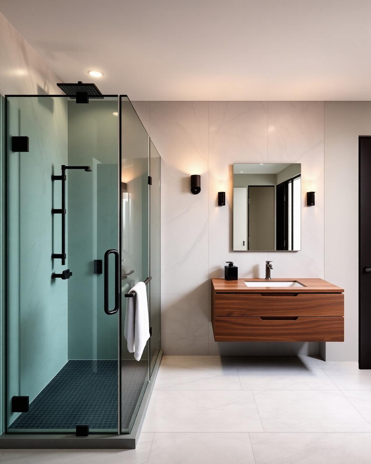 Tiled walk-in shower in a finished bathroom remodel